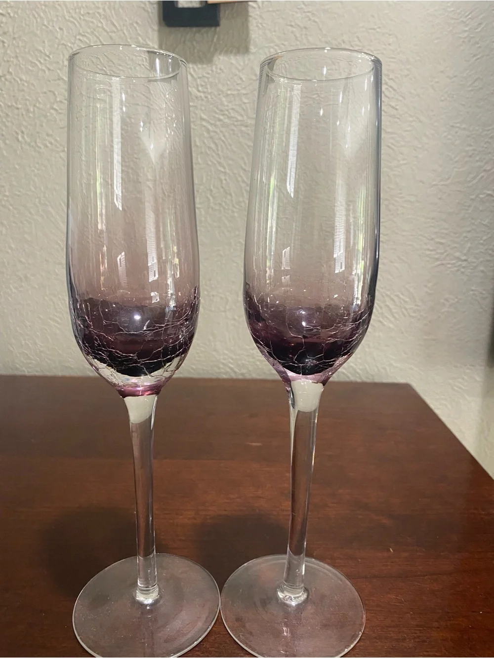 Discontinued, Set of 2, Pier 1, Handblown Purple Crackle Champagne Flutes